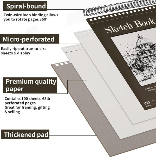 9 x 12 inches Sketch Book, Top Spiral Bound Sketch Pad, 1 Pack 100-Sheets (68lb/100gsm), Acid Free Art Sketchbook Artistic Drawing Painting Writing Paper for Kids Adults Beginners Artists - Image 3