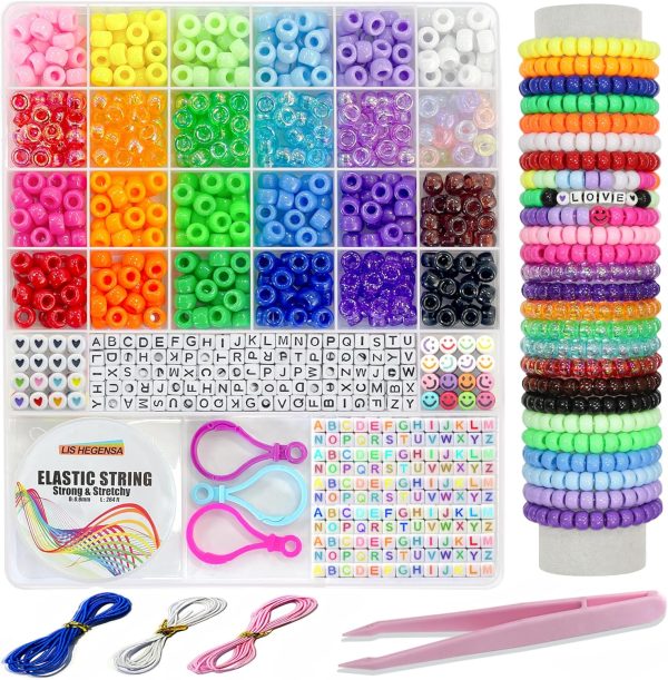 LIS HEGENSA 24 Color Pony Beads Bulk 1000 Pcs,Kandi Beads for Necklace Jewelry Making Earring Hair Braiding,Bracelets Making Kits,Hair Bead,Bracelet Beads,Plastic Beads for Crafts Braids Girls