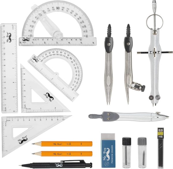 Mr. Pen Geometry Set with 6 Inch Swing Arm Protractor, Divider, Set Squares, Ruler, Compasses and Protractor, 15 Piece Set