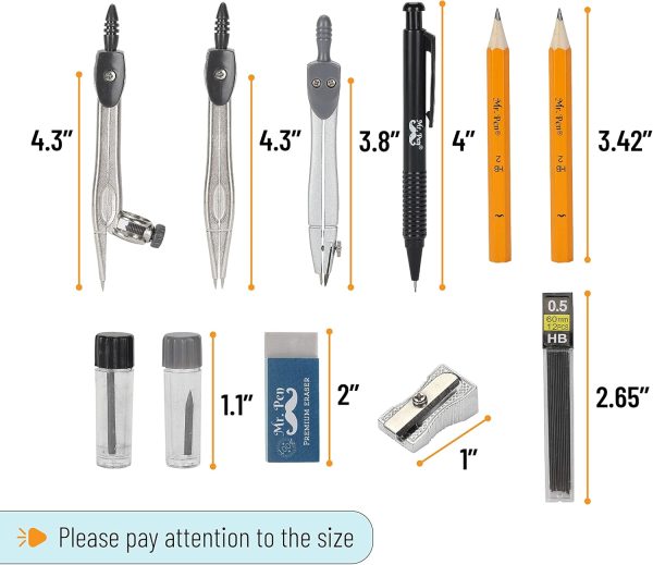 Mr. Pen Geometry Set with 6 Inch Swing Arm Protractor, Divider, Set Squares, Ruler, Compasses and Protractor, 15 Piece Set - Image 3