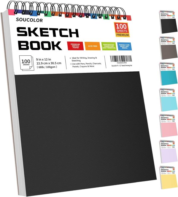 Soucolor 9" x 12" Sketch Book, 1-Pack 100 Sheets Spiral Bound Art Sketchbook, (68lb/100gsm) Acid Free Artist Drawing Book Paper Painting Sketching Pad for Kids Students Adults Beginners