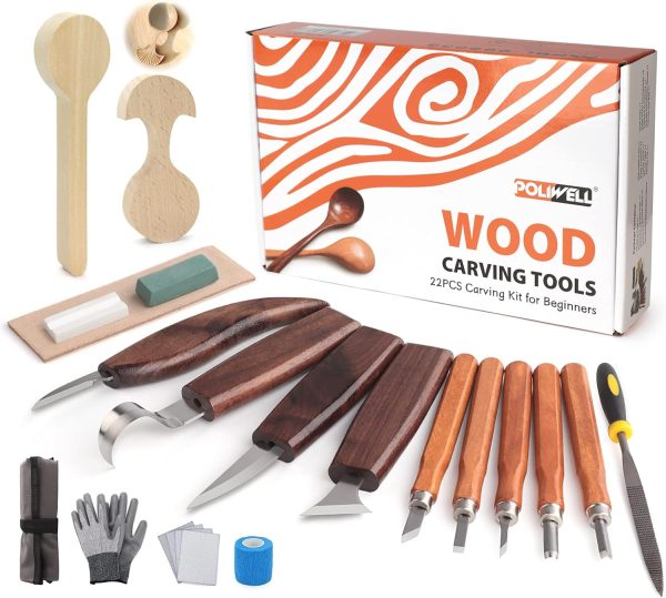 Wood Carving Kit, 23pcs Wood Carving Tool with 4PCS Wood Carving Knives & 5PCS Detail Knives 9 Basswood Blocks & Gloves & Roll Bag & Strop Block & Polishing Compound Whittling Kit Hobbies for Adults